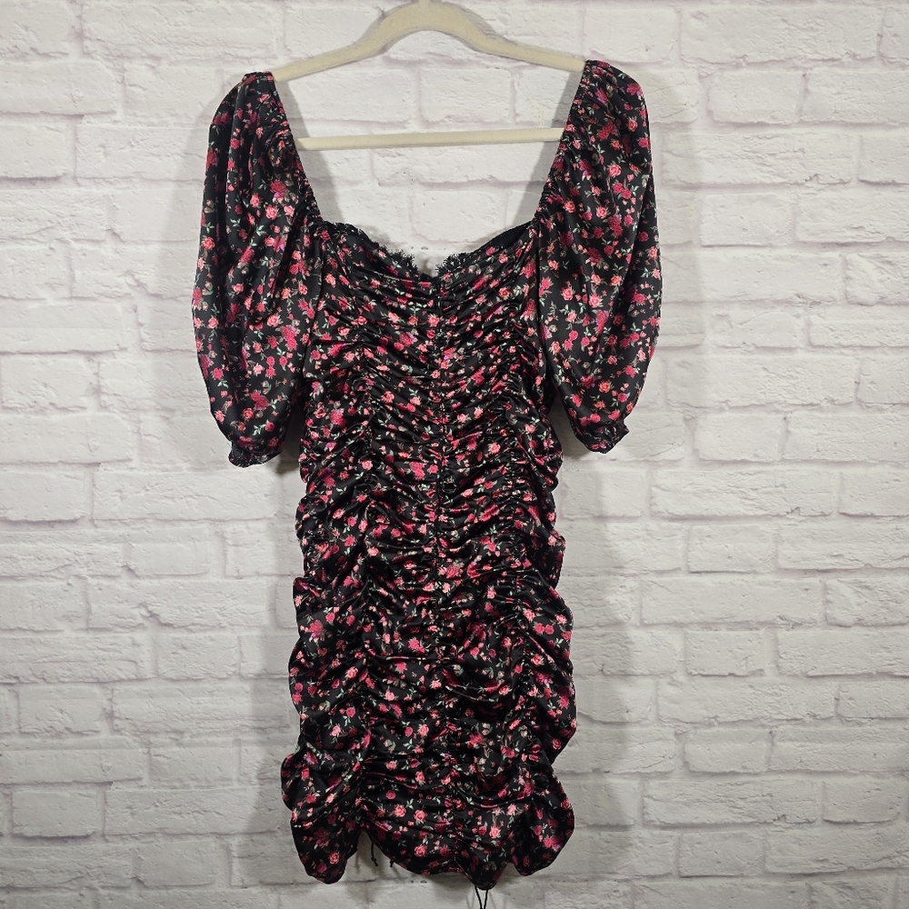 For Love & Lemons Black Off-Shoulder Ruched Mini Dress with Floral Print - Picture 9 of 15